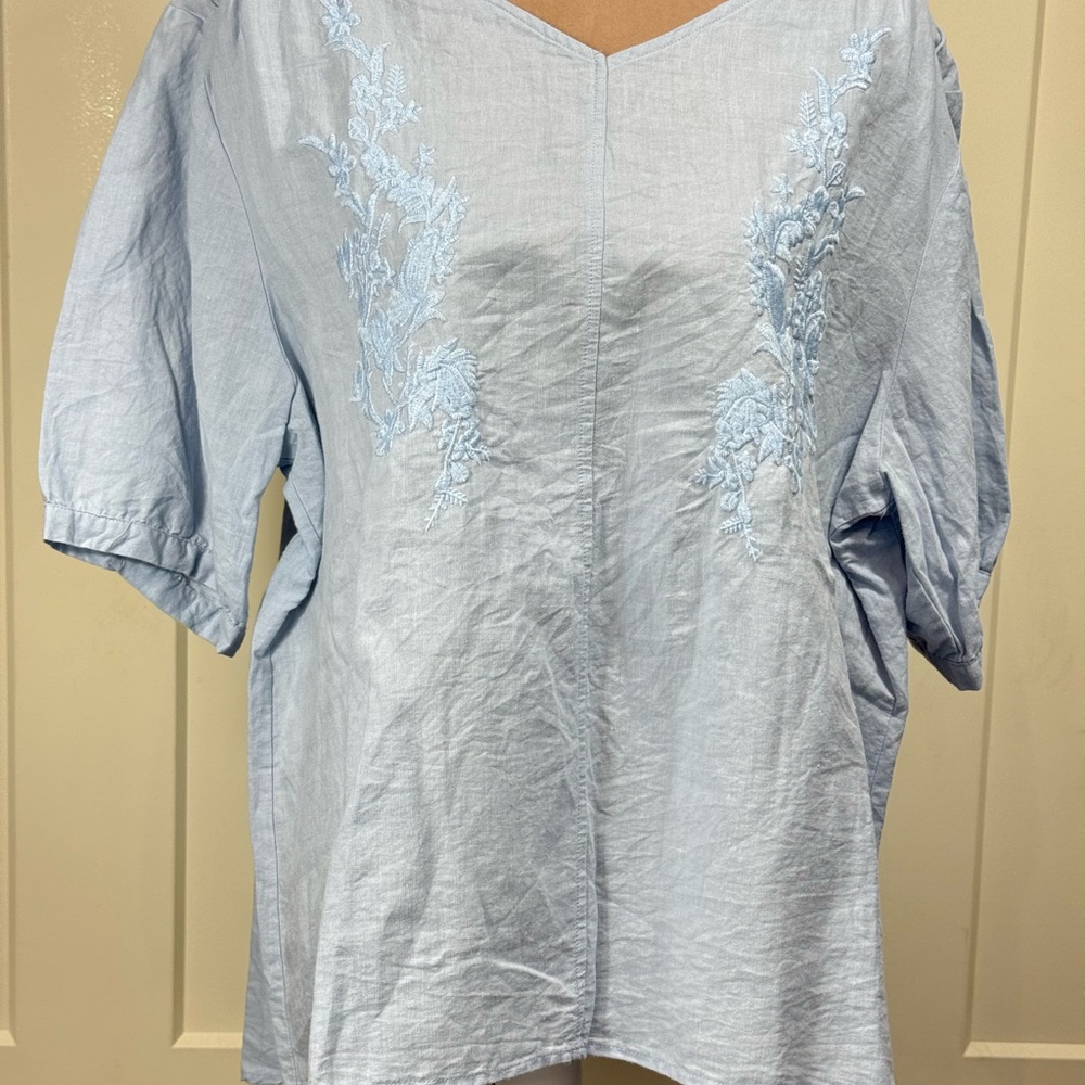 Womens 2XL Blue‎ Embroidered Linen Short Sleeve Top Boho Beach Resort Wear
